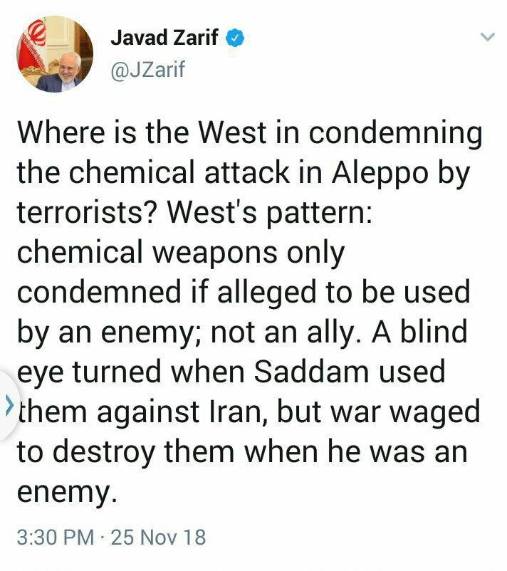 واکنش ظریف به حمله شیمیایی در حلب+عکس واکنش ظریف به حمله شیمیایی در حلب+عکس